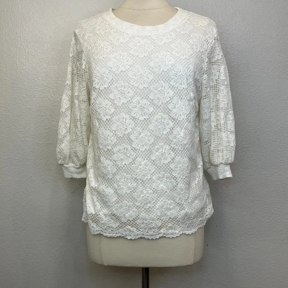 Athropologie Eri + Ali Ivory Lace Top Cotton Blend Top Blouse Puff‎ Sleeve Sz S